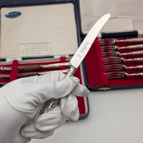 約 1974 年英國復古純銀手柄茶刀和叉 6 對哈里森兄弟茶刀盒